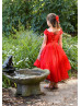 Off Shoulder Red Lace Tea Length Flower Girl Dress High Low Dress
